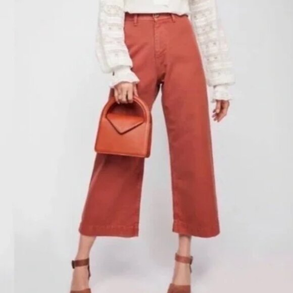 Free People Patti Ultra High Waist Wide Leg Crop Denim Pants Rust  Cotton Sz 26 - Picture 1 of 10